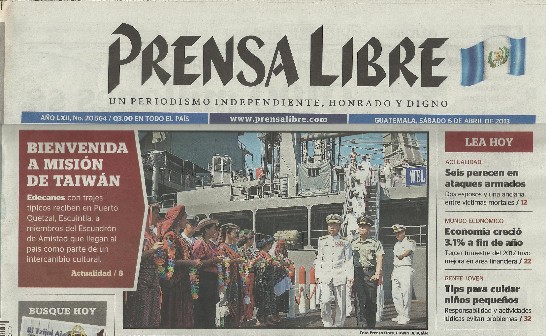 瓜國第一大報自由新聞報頭版刊登我敦睦支隊訪問瓜國消息