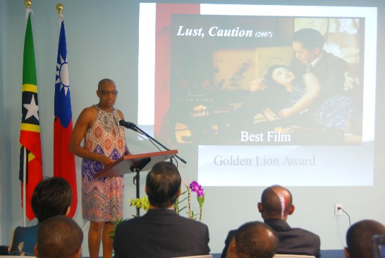 克國文化部長Marcella Liburd於電影欣賞會前茶會致詞