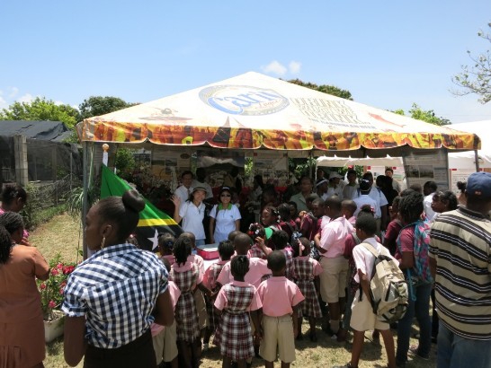 駐館兩個攤位前聚集克國民眾與學生排隊參觀情形