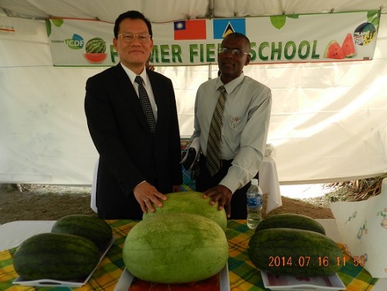 中華民國駐聖露西亞大使章計平與聖露西亞農業部推廣司司長賈瑞亞(Felix Jaria)出席「西瓜和玉米間作栽培觀摩會」