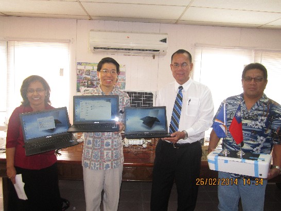On behalf of the Government of the Republic of China (Taiwan), Ambassador Winston Wen-Yi Chen handed over US$300,000 worth of Solar Laptop Learning Systems to Minister of Education, Dr. Hilda Heine on Wednesday, February 26, 2014.   