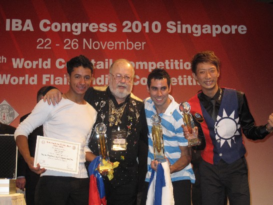 Hsu Po Sheng (1st from the right), winner of 2nd runner-up at 11th World Flairtending Competition, with Mr. Alex Beauumont, Vice President-Southern Hemishere (2nd from the left) of IBA Board and other winners.