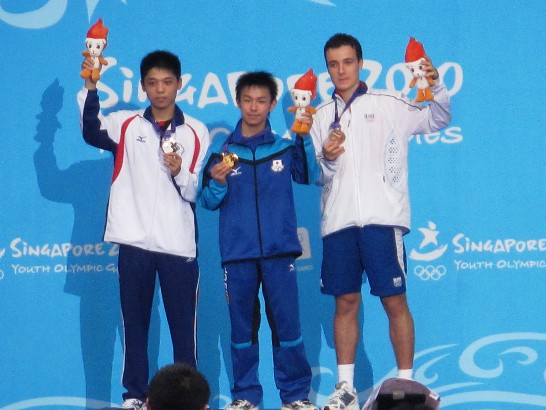 Gold Medalist from Japan (centre), Silver Medalist from Chinese Taipei, Hung Tzu Hsiang (left), and Bronze Medalist from France (right).