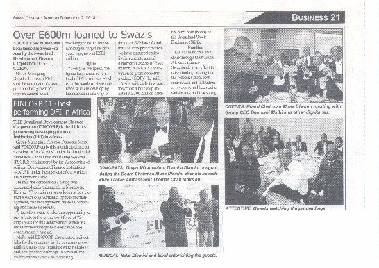 史瓦濟蘭觀察家報12月2日報導陳大使經銓參加史瓦濟蘭金融合作發展(FINCORP)名列非洲金融合作發展第11名慶祝會。