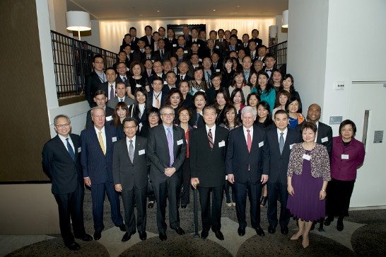 (First row, from left to right) Representative Lyushun Shen (fifth); Bruce Andrews (fourth), Deputy Secretary of Commerce; Robert Wang (first), the U.S. State Department's senior official for APEC; Raymond Burghardt (second), director of the American Institute in Taiwan (AIT) in the U.S.; Kuo-Hsin Liang (third), Chairman of the Taiwan External Trade Development Council; and Christopher J. Marut (sixth), director of AIT in Taiwan, with the business delegation from Taiwan to the SelectUSA Investment Summit at a welcome dinner on March 22 hosted by Rep. Shen.