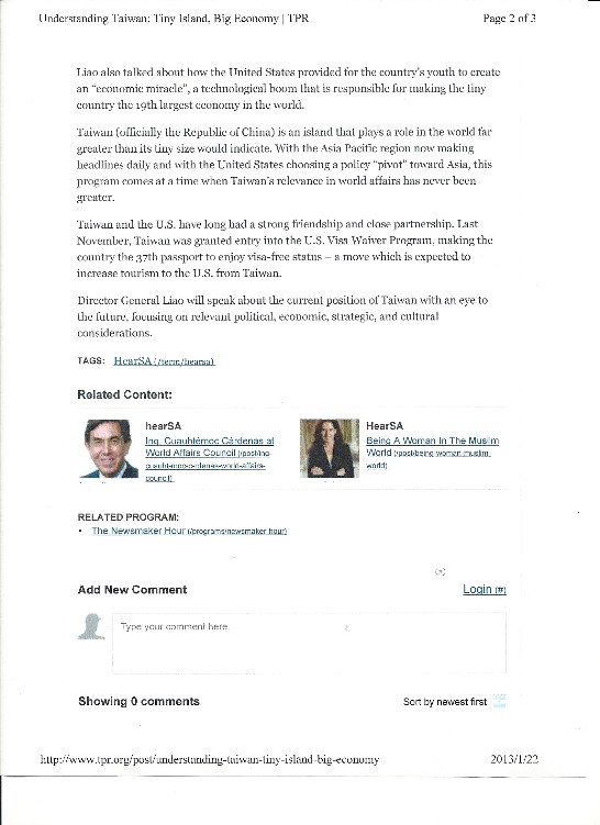 「聖安東尼世界事務協會」以｢瞭解台灣：小小島嶼，經濟巨人｣(Understanding Taiwan: Tiny Island, Big Economy)為題報導廖處長東周元月10在該協會進行午餐演講之內容，獲媒體刊出。