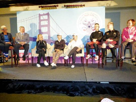 左起德利市副市長瑪特爾、舊金山市長李孟賢、加州選手古爾比斯、紐西蘭籍韓裔選手高寶璟、我國高球好手曾雅妮、裙襬搖搖球隊會長王政松、北美事務協調委員會主任委員李大維、台灣女子職業高球協會理事長劉素卿一同出席10日上午於默塞德湖高爾夫球場(Lake Merced GC)舉行之中外記者會