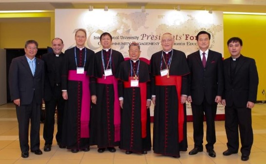 Group picture including Cardinal Grocholewski (3rd from right) standing next to Ambassador Wang (2nd from right), Archbishop Hon (4th from left), Prof. Bernard Li (1st from left), who is standing next to Fr. Bechina (2nd from left), Rev. Msgr. Russell (3rd from left) and Cardinal Shan (4th from right). 