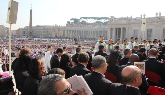 An overview of St. Peter’s Square filled with faithful attending the Mass presided by Pope Benedict XVI for the Opening of the Year of the Faith