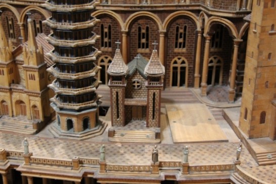 A close-up view (middle) of the St. John Catholic Church (Panchio) in Taipei as represented the wooden model of the Temple of the King located inside the Church of St. Ignatius of Loyola made by Italian artist Vincenzo Pandolfi. He completed the said model at the age of 98, after 28 years of work.