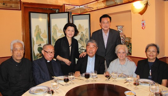 Ambassador and Mrs. Larry Wang (standing behind their guests) with Fr. Joseph Shih (1st from left), Fr. Paolo Wang (2nd from left), Msgr. Giovanni Tong (middle), Sister Carmen Zaballa (2nd from right), and Sister Cecilia Wang (1st from right) Superior General of the Ursuline of the Roman Union. 