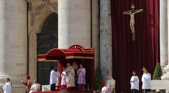 Pope Benedict XVI addresses the crowd during the Canonization Mass.