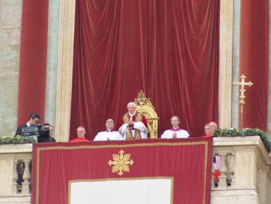 Pope Benedict XVI delivers its “Urbi et Orbi” message from the central balcony of St. Peter’s Basilica.
