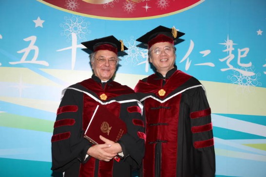 H.E. Jean-Pierre Mazery (1st from left) receives an Honorary Doctorate of Philosophy from the President of Fu-Jen Catholic University (1st from right) Dr. Vincent Han-Sun Chiang.