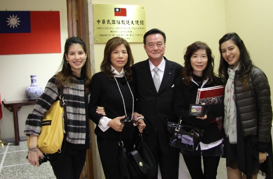 Ambassador Wang (middle) with Teresa and Cristina Chen (2nd from right, 2nd from left), outside the Chancery