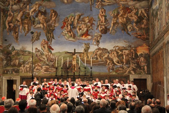 The Westminster Cathedral Choir performs with the Sistine Chapel Choir inside the beautiful Sistine Chapel.