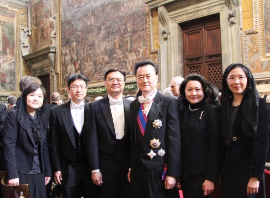 Ambassador and Mrs. Larry Wang (3rd and 2nd from right) with the Embassy staff.