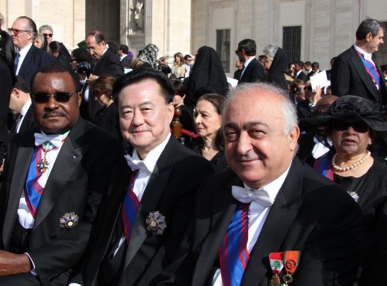 Ambassador Larry Wang (middle) sits between Ambassador of Gabon Firmin MBOUTSOU (1st from left) and Ambassador of Lebanon Georges El Khoury (1st from right).