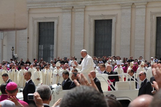 At the end of the ceremony, Pope Francis greets the faithful from his Popemobile