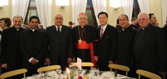 Ambassador Larry Wang (3rd from right) stands with his guests: Cardinal Antonio Maria Vegliò (middle), Lebanese Ambassador Georges El Khoury (3rd from left), Fr. Micheal Goh (2nd from right), Fr. Indunil J. Kodithuwakku Kankanamalage (2nd from left), Jesuit Fr. Giuseppe Bellucci (1st from right) and Fr. Friedrich Bechina (1st from left).