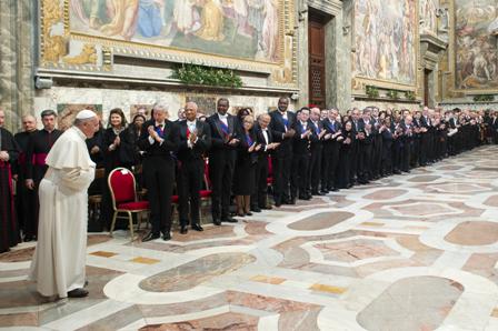 The members of the Diplomatic Corps accredited to the Holy See greet the Holy Father who enters the Regia Hall of the Apostolic Palace. Ambassador Larry Yu-yuan Wang stands on the first row, 7th from left.