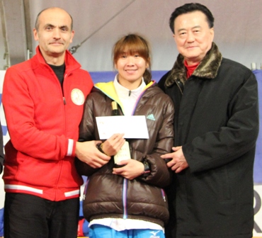 Ambassador Larry Wang (1st from right) with Taiwanese athlete Ms. Chen (middle), who came in fifth, and Montefortiana President Giovanni Pressi (1st from left).