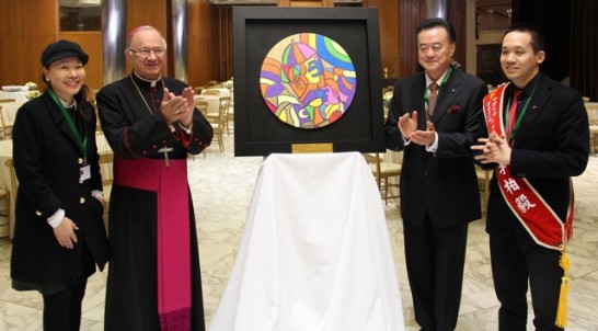 At the exhibition inauguration, both Archbishop Zimowski (2nd from left) and Ambassador Larry Wang (2nd from right) unveiled Leland’s painting. Leland (1st from right) stands next to Ambassador Wang, while his mother stands next to Archbishop Zimowski (1st from left).