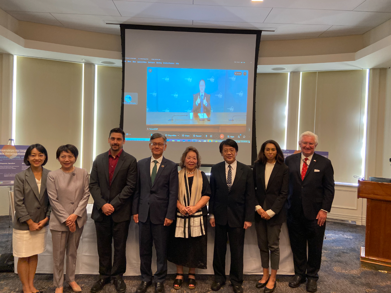 Hosted by Taipei Economic and Cultural Office in New York on the sidelines of the 77th session of the UN General Assembly, featuring discussions on Taiwan's second Voluntary National Review (VNR) and inclusive partnerships for achieving SDGs.

From left to right: Taiwanese legislators Wanyu Wang, Fan Yun; Dr. Yanis Ben Amor, Executive Director, Center for Sustainable Development at the Earth Institute, Columbia University; Amb. James K.J. Lee, Director-General of TECONY; Amb. Amatlain Elizabeth Kabua, Permanent Representative of the Republic of the Marshall Islands to the UN; Mr. Tsai Hung-Teh, Deputy Minister of Taiwan's Environmental Protection Administration; Amb. Ilana Seid, Permanent Representative of the Republic of Palau to the UN; Amb. Beresford-Hill, Permanent Observer of the Sovereign Order of Malta's Mission at the UN. In the back attending virtually: Shyy Lih-jiun, Deputy Secretary-General for TaiwanICDF)