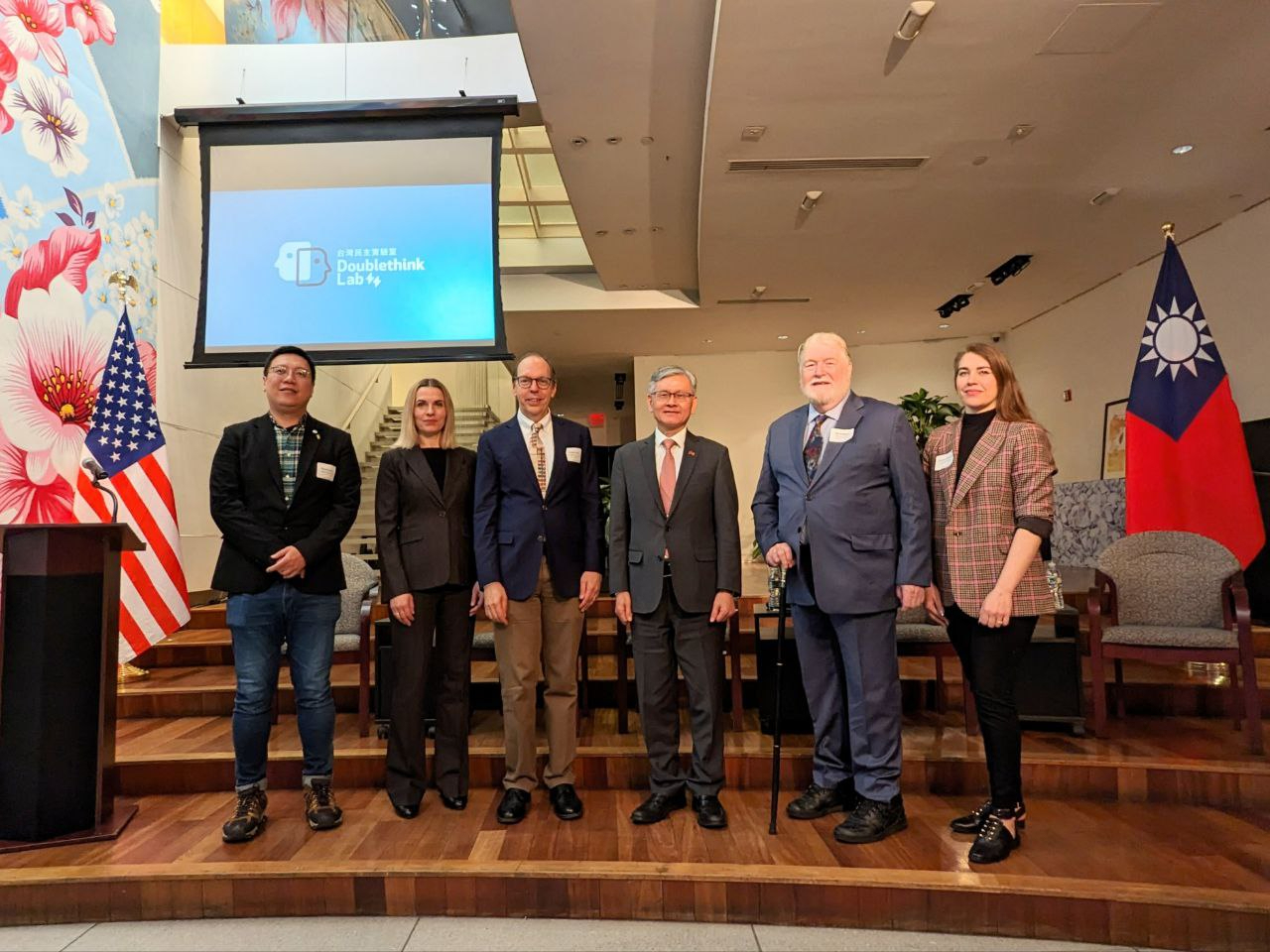 Left to Right: Doublethink Lab CEO Min-Hsuan Wu, Seton Hall Law Professor Margaret Lewis, Foreign Policy Research Institute Chair of the Asia Program Jacques deLisle, Ambassador James k. J. Lee, President of the FPA Ian Williams, and Atlantic Council Digital Forensic Research Lab researcher Kenton Thibaut.
