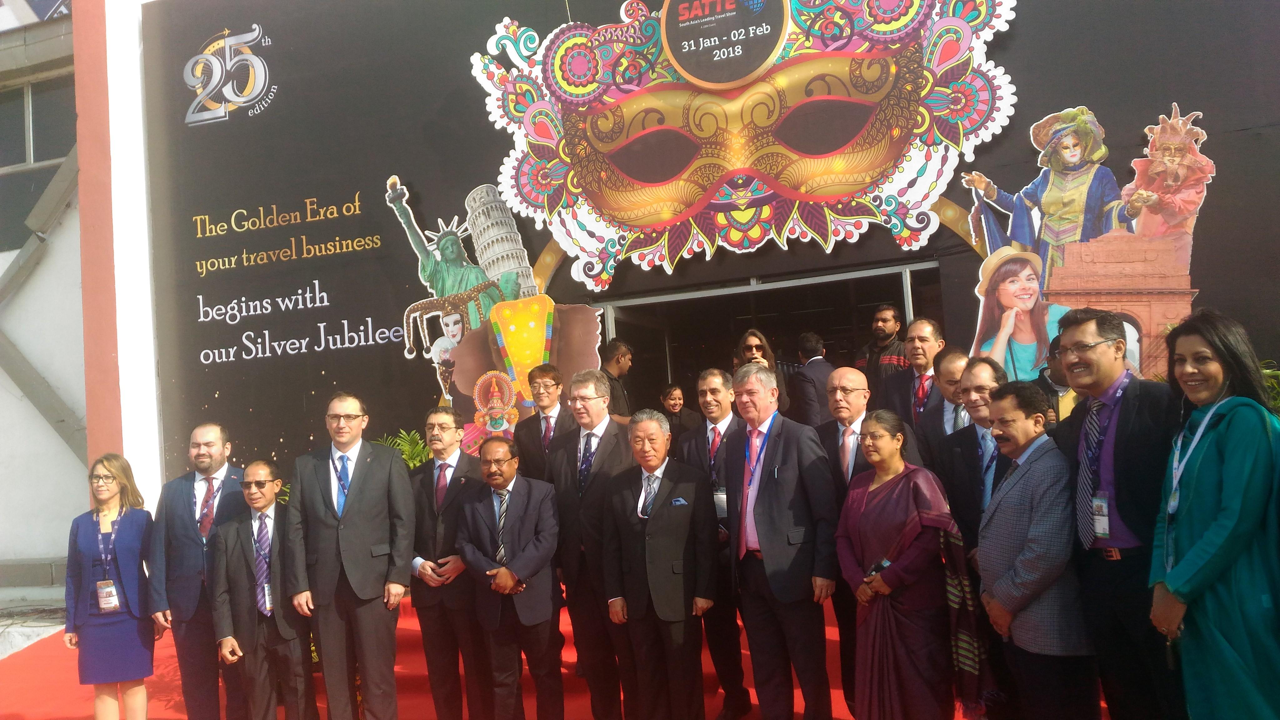 Photos taken after the ribbon cutting of the opening ceremony for SATTE. DY. Tourism Minister of Indonesia (left 3), Turkish Amb. (left 5), Satyajeet Rajan, DG, Ministry of Tourism, India (left 6), Amb. Tien(center), Mr. Luis Cabello, Commercial Counsellor, Peru (right 8), Czech Republic Amb. (right 7) and Peru Amb.(right 6).