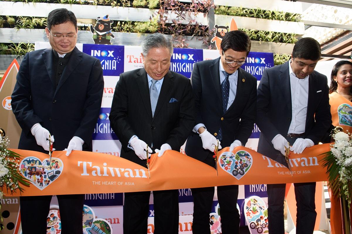 Amb. Tien (2nd from left), Director Lin (2nd from right), Herben Wu (1st from left), Director of TAITRA Office in New Delhi and INOX VP Sales Anand Vishal at the ribbon-cutting ceremony Dec. 14, 2018.