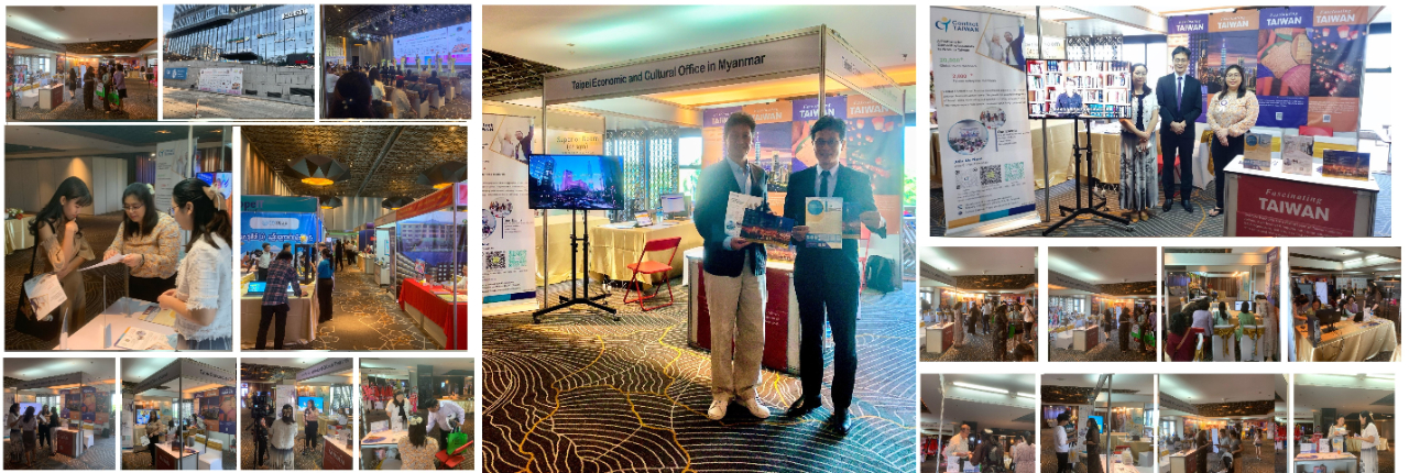 為介紹台灣招攬國際專業人才以及鼓勵赴臺投資創業之相關平台，駐緬甸代表處參展於3月23-24日(上周六與周日)假仰光Wyndham Grand Yangon Hotel展廳舉辦的2024緬甸國際教育展，周中興大使並到場訪視展出情形。