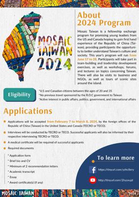 The Mosaic Taiwan 2024 Fellowship Exchange Program will be accepting applications until March 8, 2024.