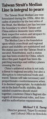 TECO Honolulu's Letter-to-the-Editor "Taiwan Strait’s Median Line is integral to peace" published on Honolulu Star-Advertiser on September 21, 2022